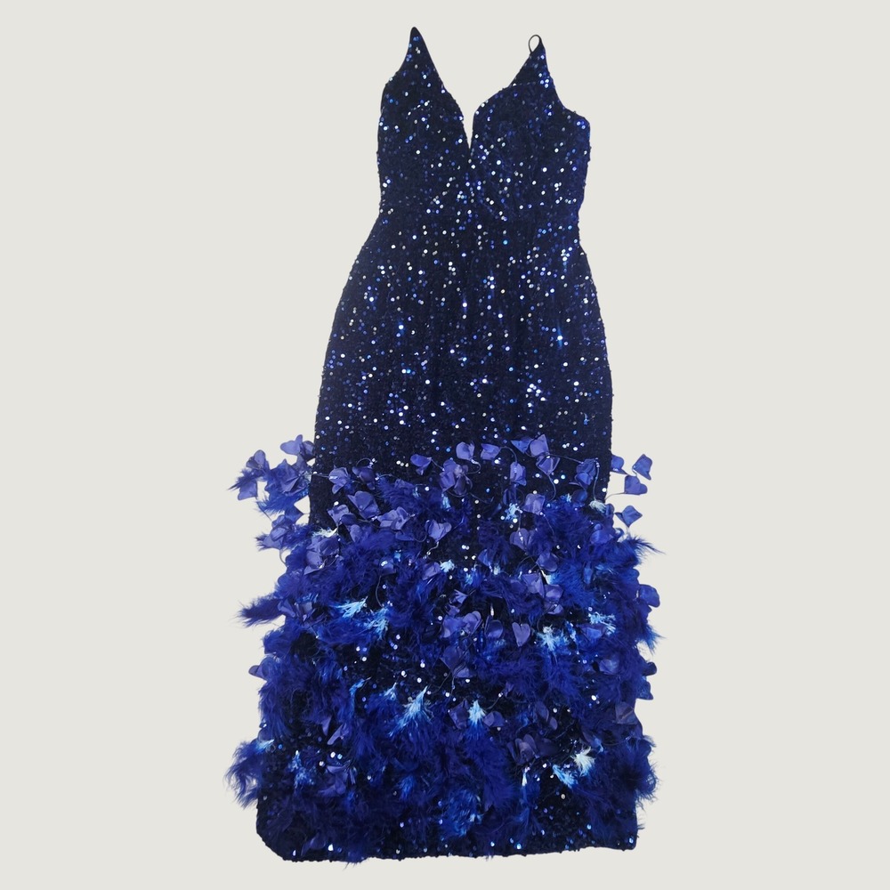 Helsi Women's Sequin Feather Dress Large Navy Blue Cocktail B91